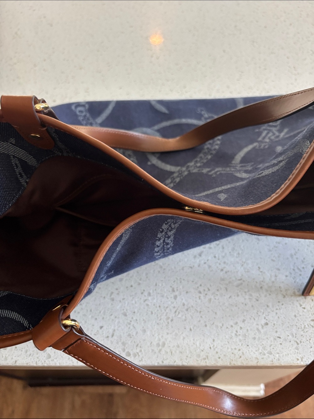 New w/ Tags - Ralph Lauren Navy and Brown Logo Canvas Tote - Picture 3 of 6
